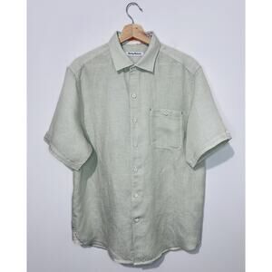 Tommy Bahama Mens Button Up Shirt M Linen Blend White Beige Short Sleeve Pocket